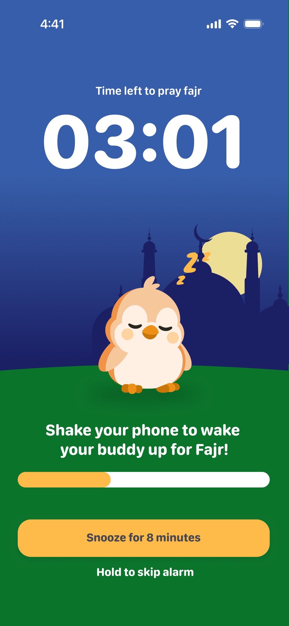 The FajrBuddy alarm ringing, showing the time left to pray Fajr and a sleeping buddy waiting to be woken by shaking the phone.
