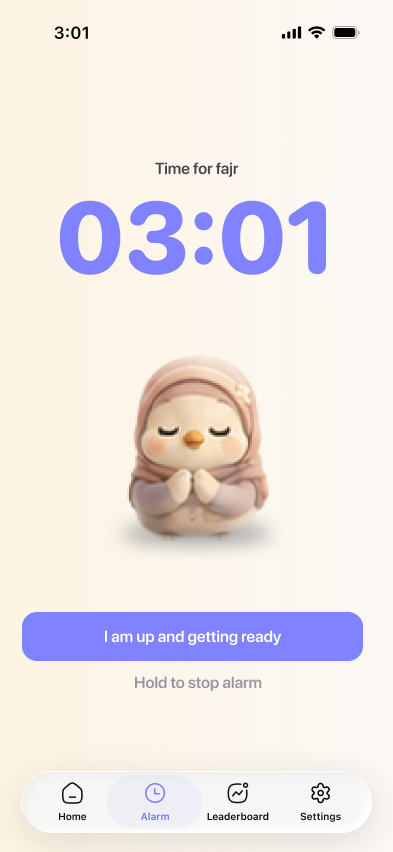 Alarm screen at 03:01 with a hold to stop control