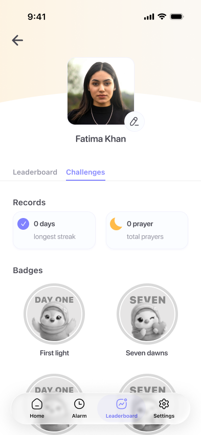 Challenges screen with streak records and badges