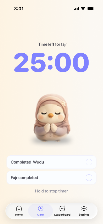 A 25 minute countdown with wudu and Fajr checkboxes